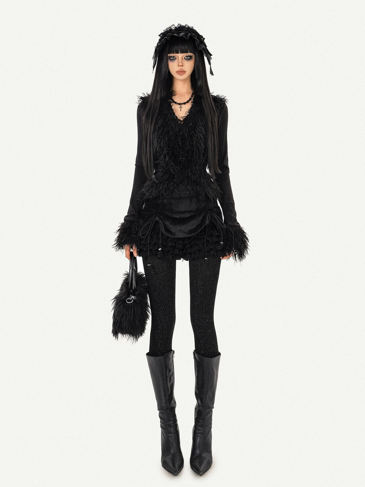 Fur Decor V-Neck Tie Knit Cardigan