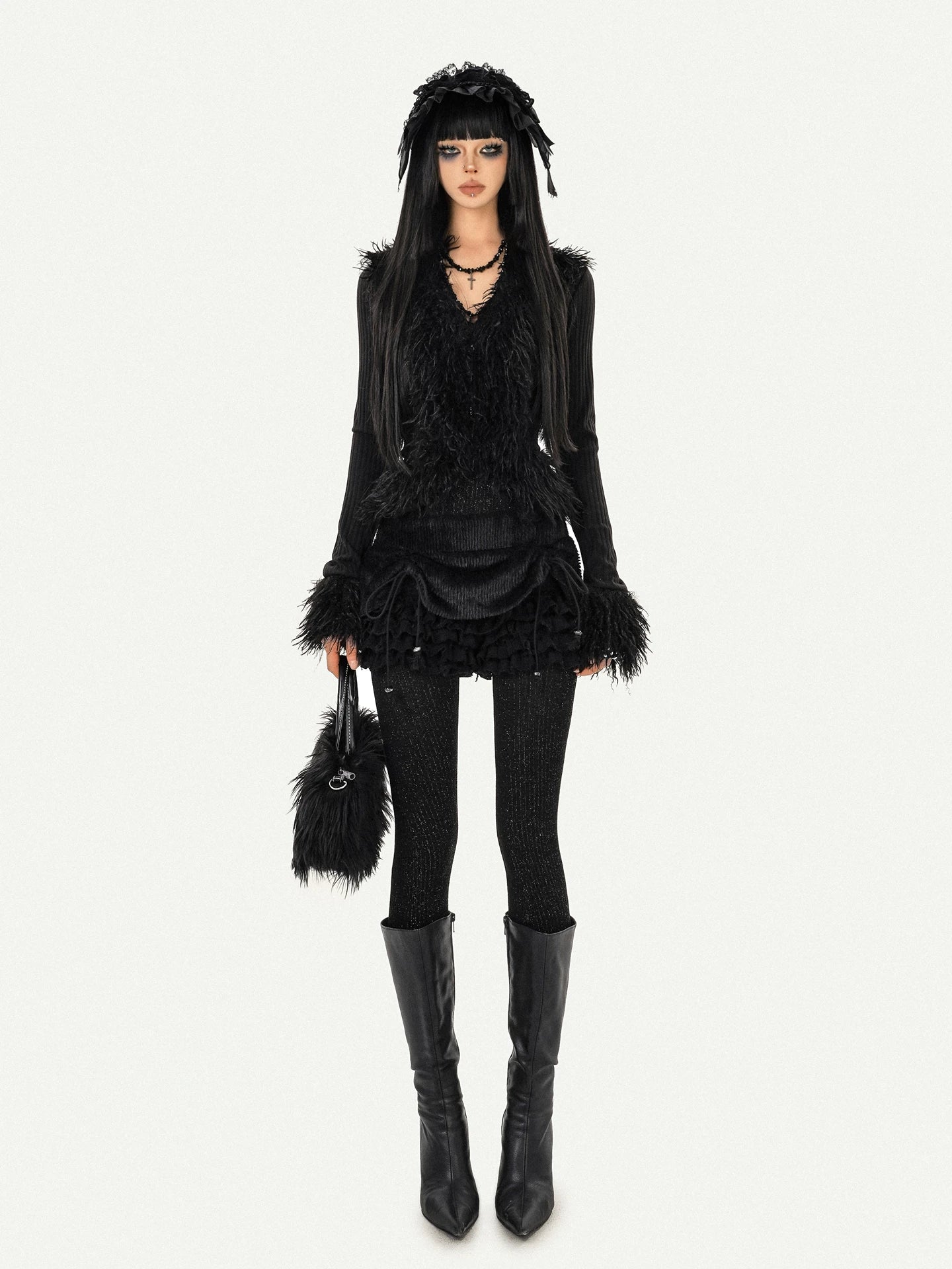 Fur Decor V-Neck Tie Knit Cardigan