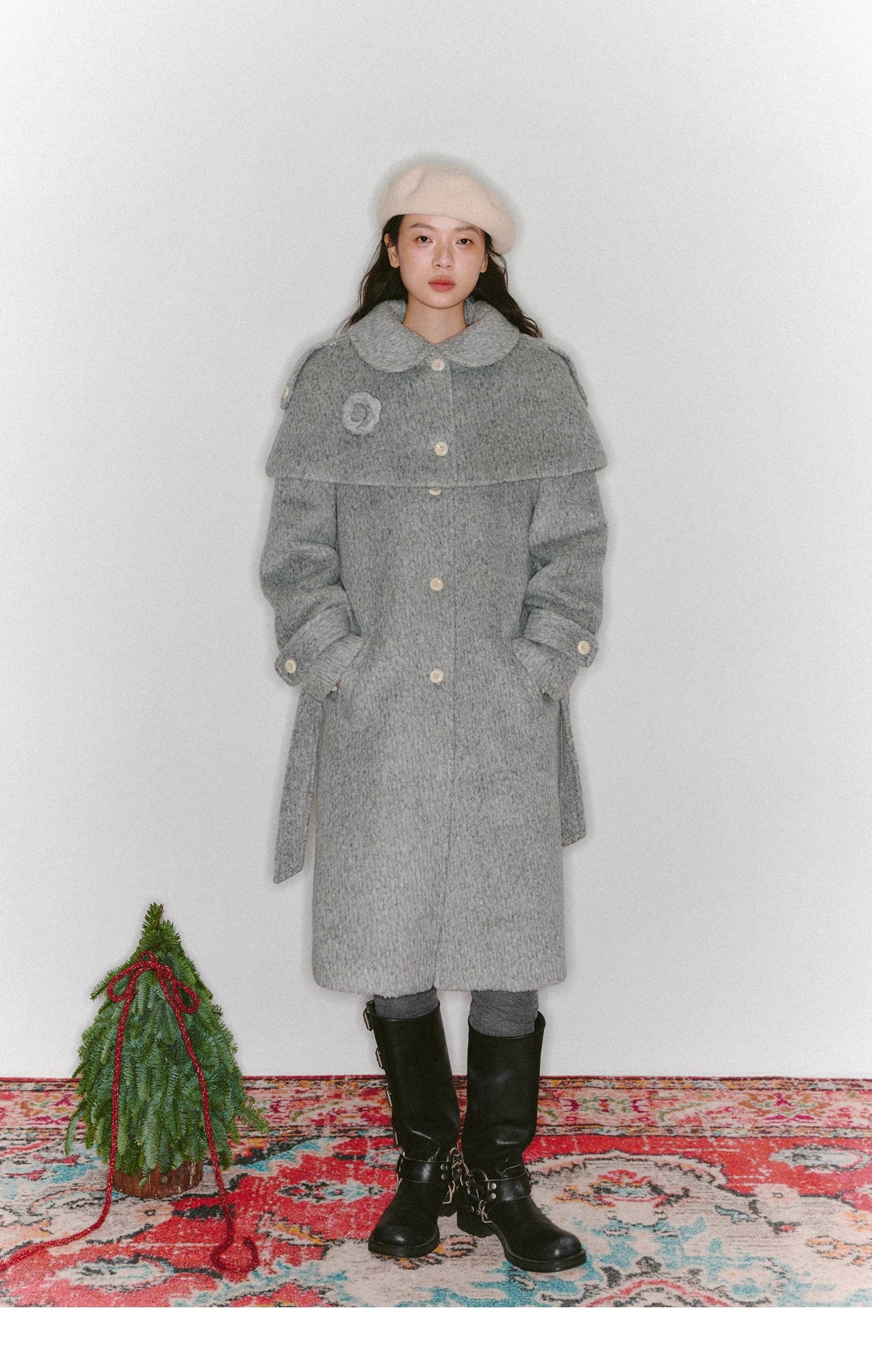 Cape Collar & Flower Detail Belted Coat