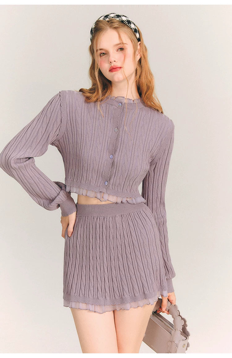 Tulip Button Knit Cardigan & Knit Short Skirt Setup