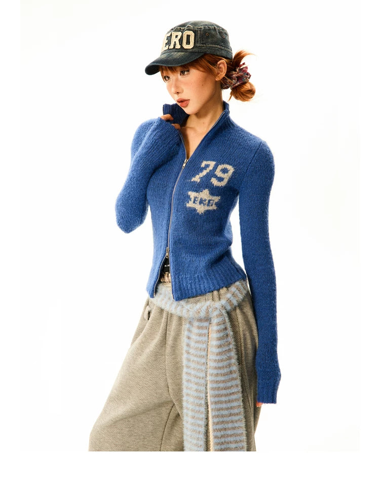 Number Patch Knit Zipper Stand Neck Cardigan