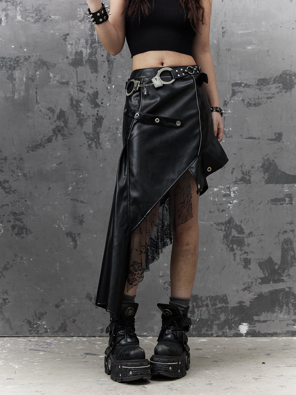 Asymmetric PU Leather Mesh Patchwork Skirt