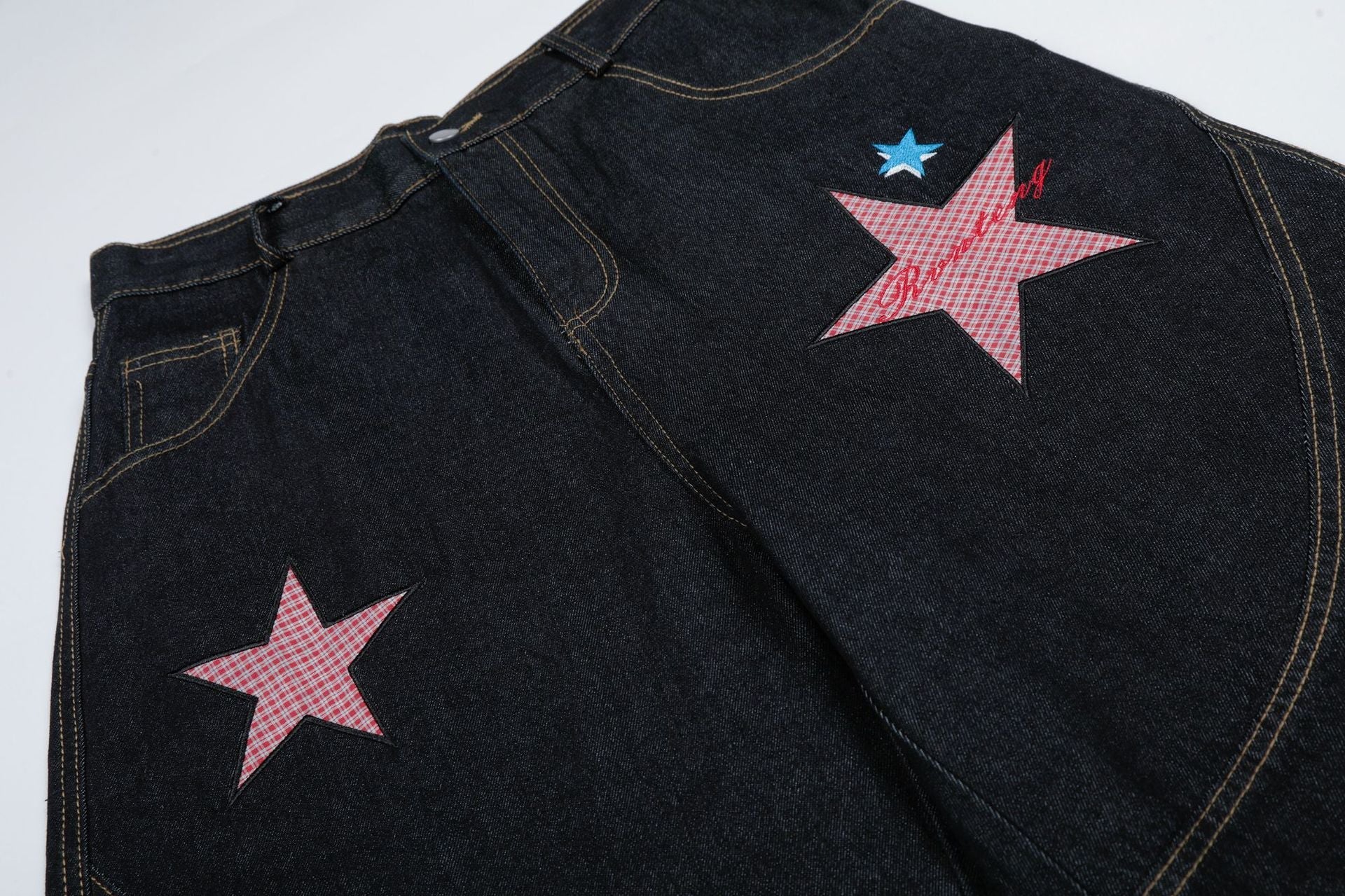 Star Patch Embroidery Denim Wide Leg Jort