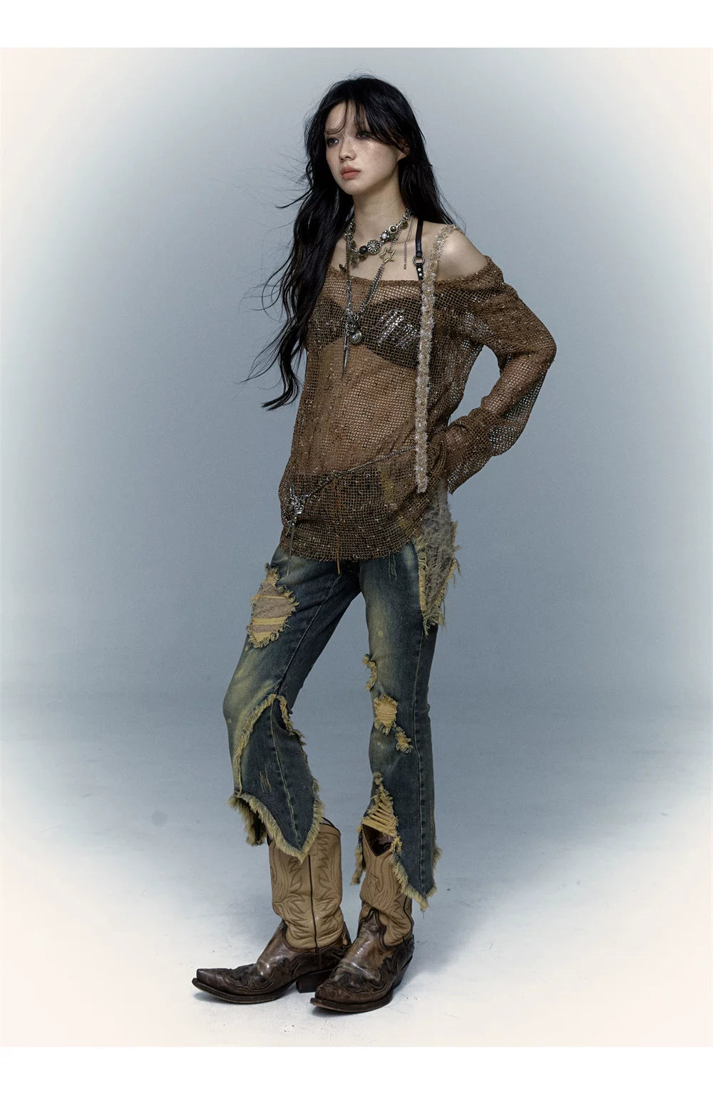 Damage Asymmetric Flare Denim Jeans