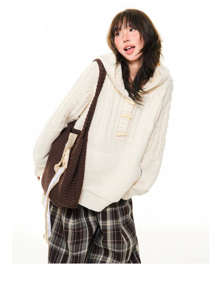 Hooded Toggle-Front Knit Sweater