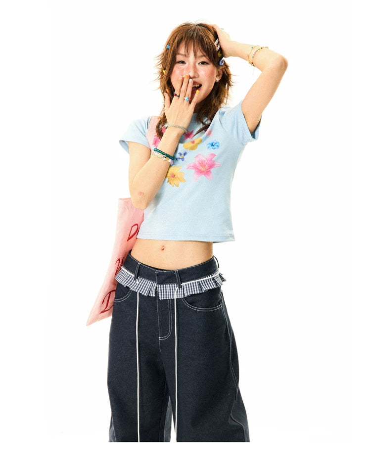Flower Print Cropped Short Sleeve T-Shirt