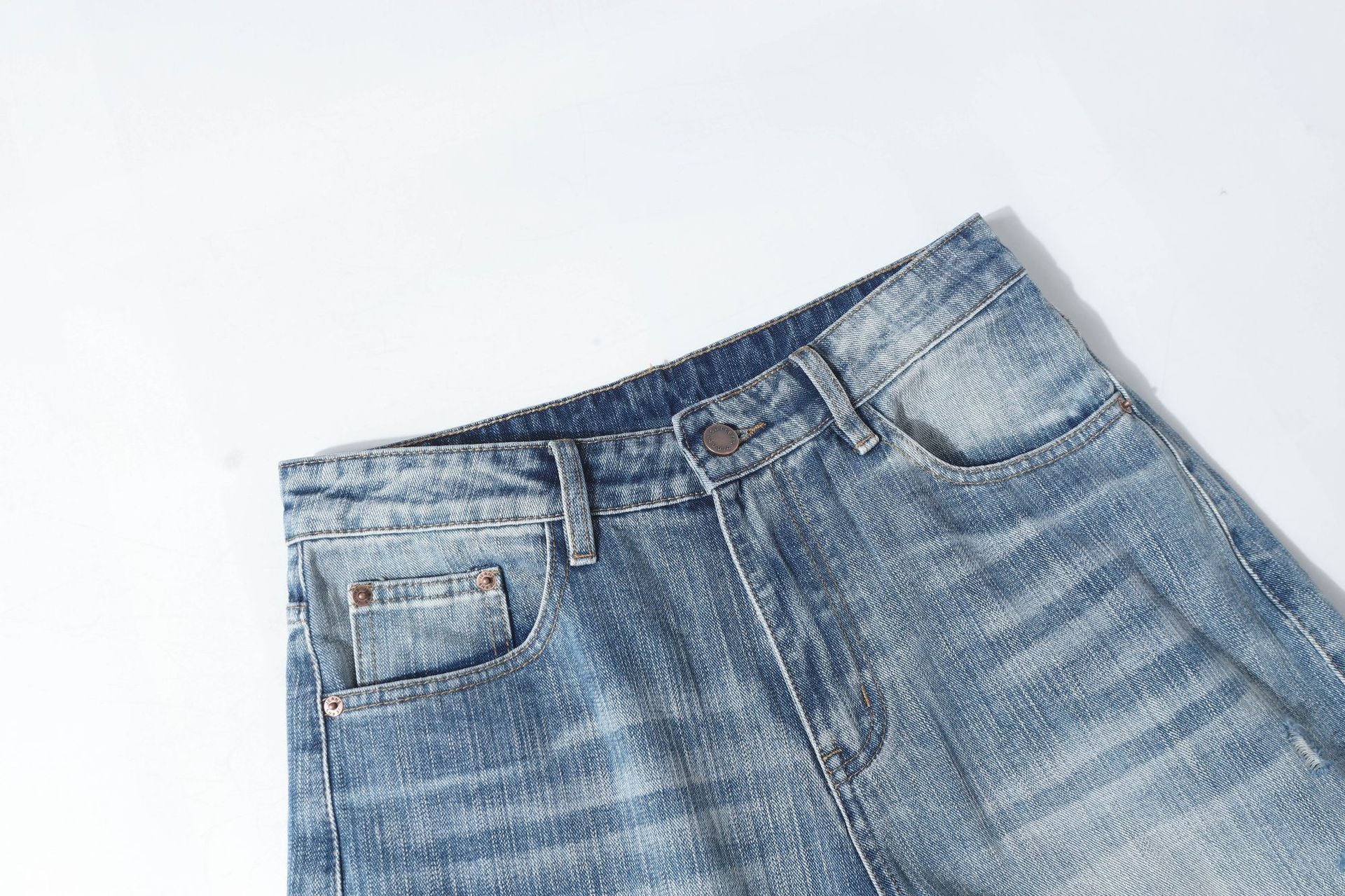 Damage Whisker Washed Wide Leg Denim Jeans