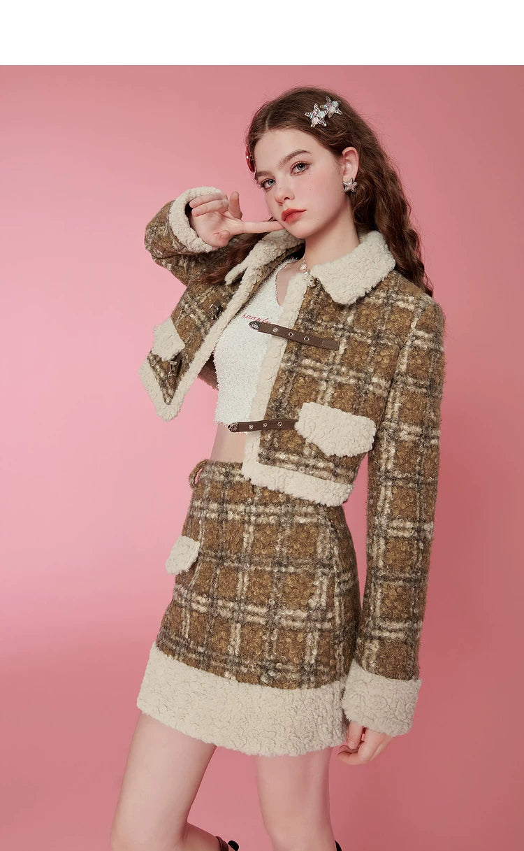Fake Shearling Short Jacket & Pencil Skirt Setup