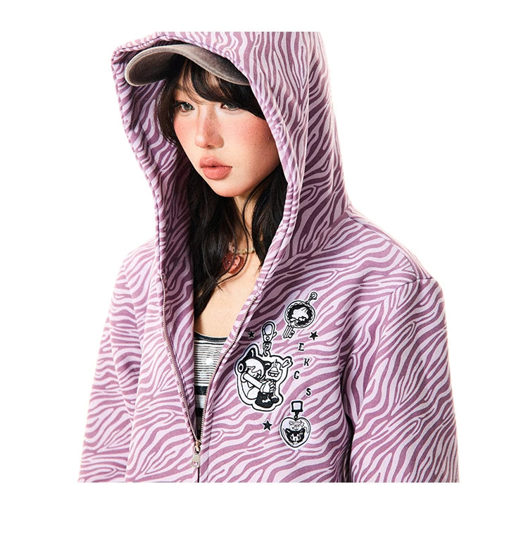 Zebra Print Graphic Zip-Up Hoodie