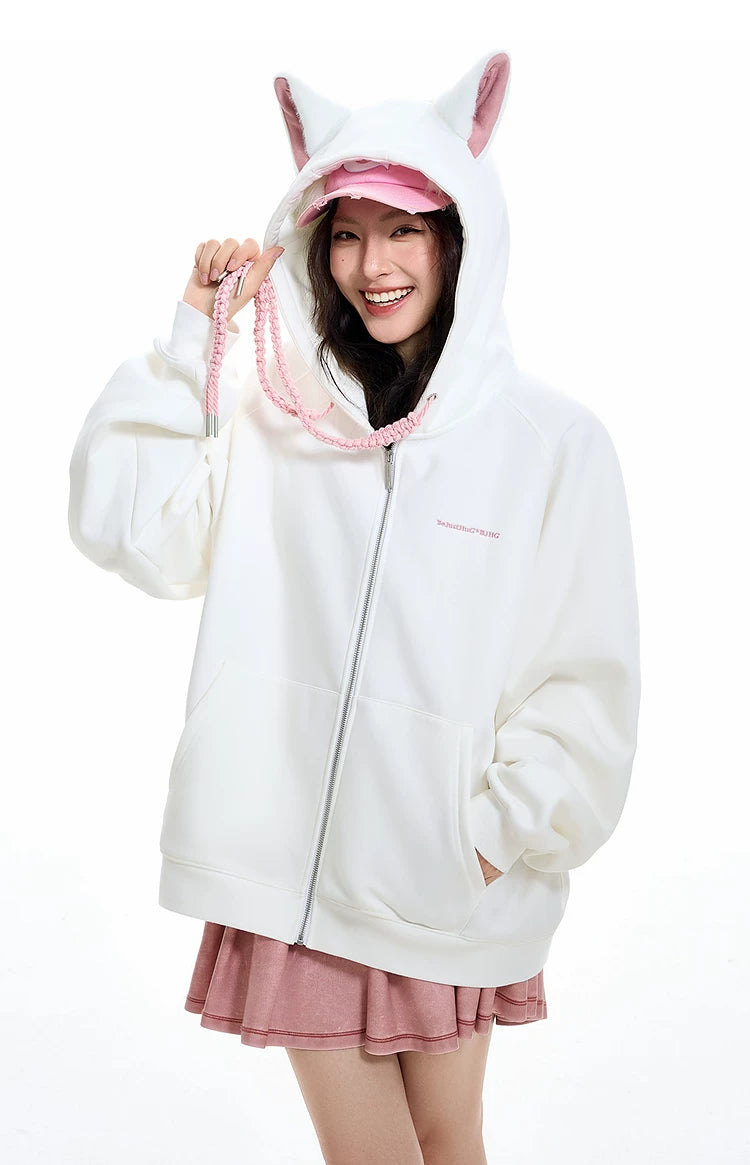 Ear Fleece Oversize Zipper Hoodie