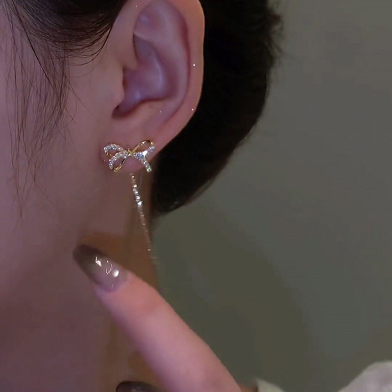 Gold Bow Zircon Tassel Earrings 2024 New Trendy Summer Earrings Luxury Light Luxury Tassel Stud Earrings