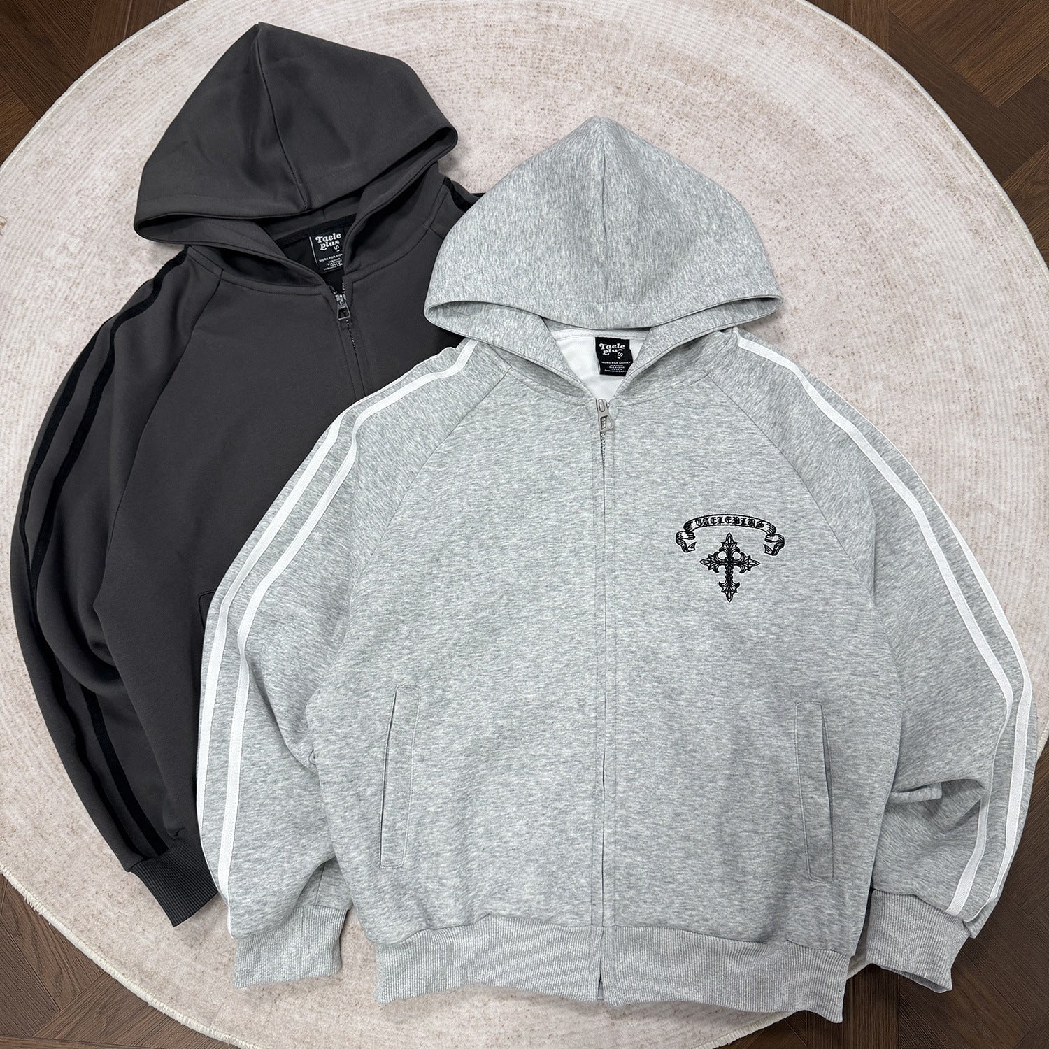 Stripe Cross Print Zipper Hoodie