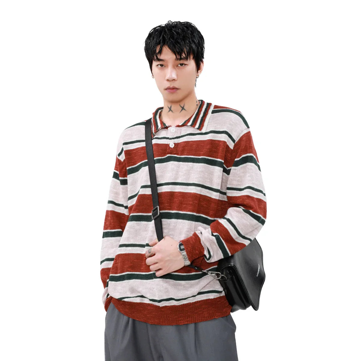 Contrast Stripe Polo Knit Sweater