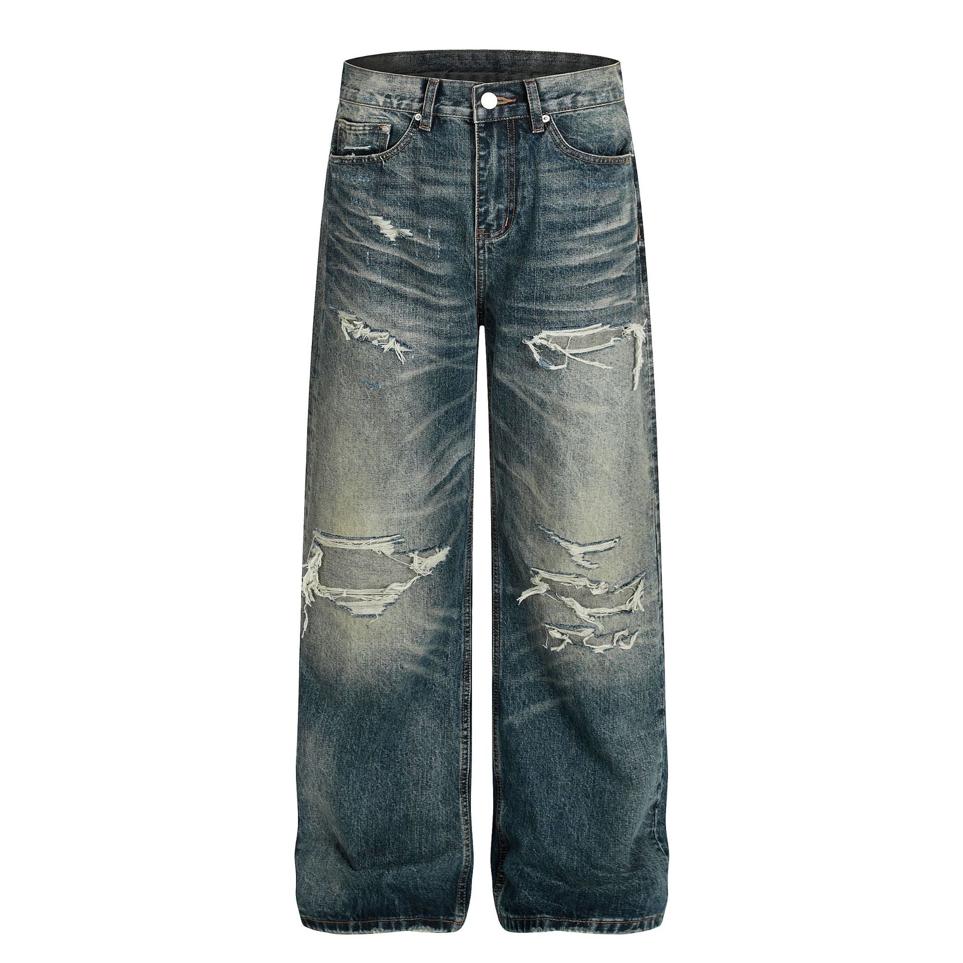 Damage Whisker Wash Straight Denim Jeans