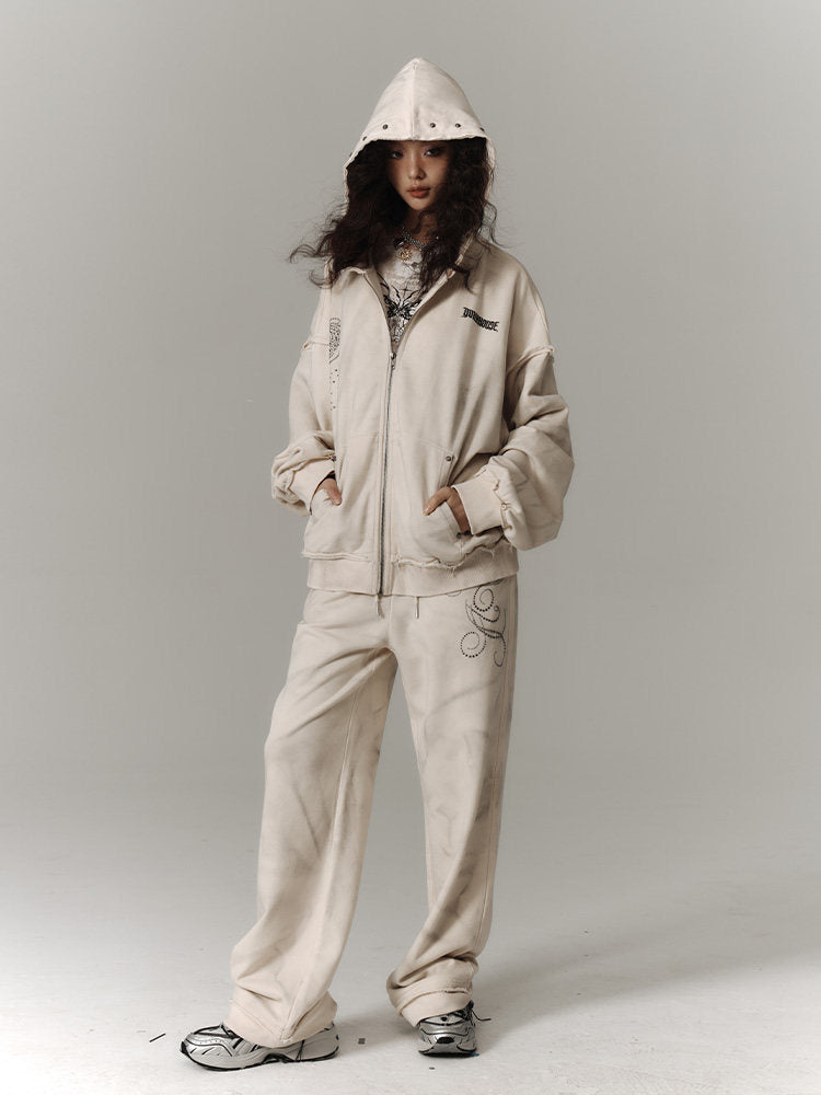 Washed Damage Oversize Zipper Hoodie & Short Skirt & Wide Leg Pants Setup