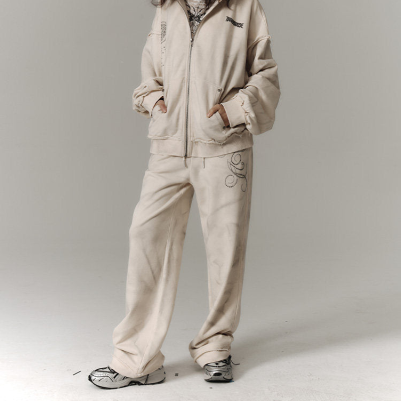 Washed Damage Oversize Zipper Hoodie & Short Skirt & Wide Leg Pants Setup