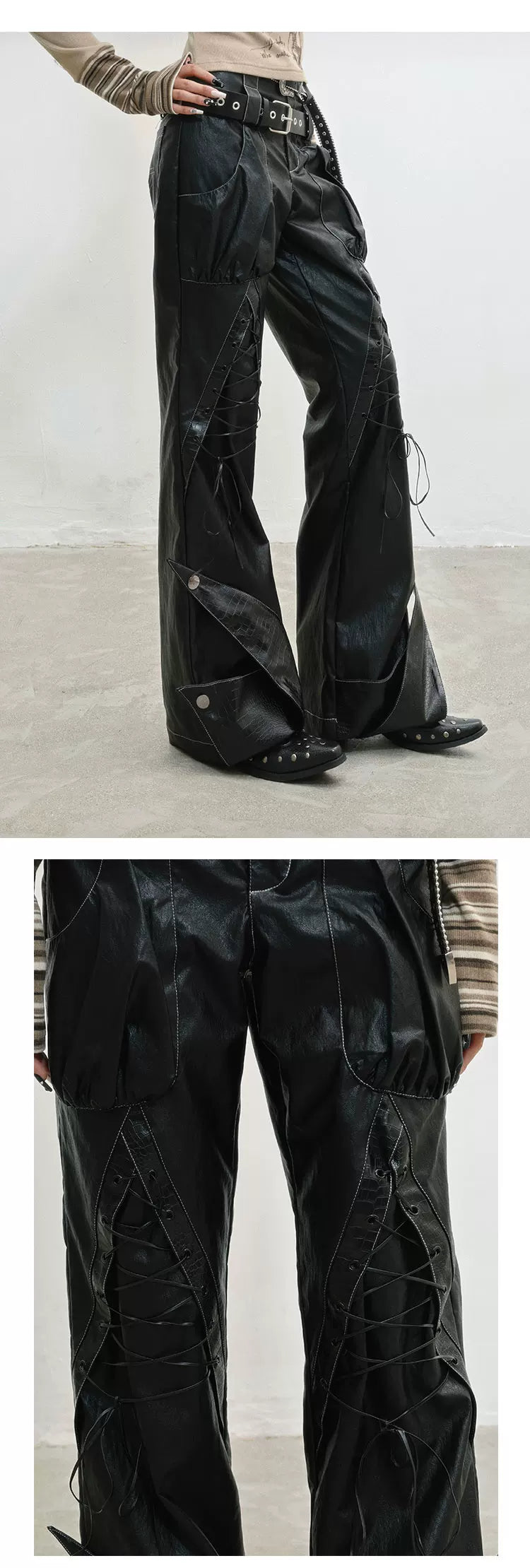 Original Design Lace-Up Double Waistband Structural PU Leather Pants