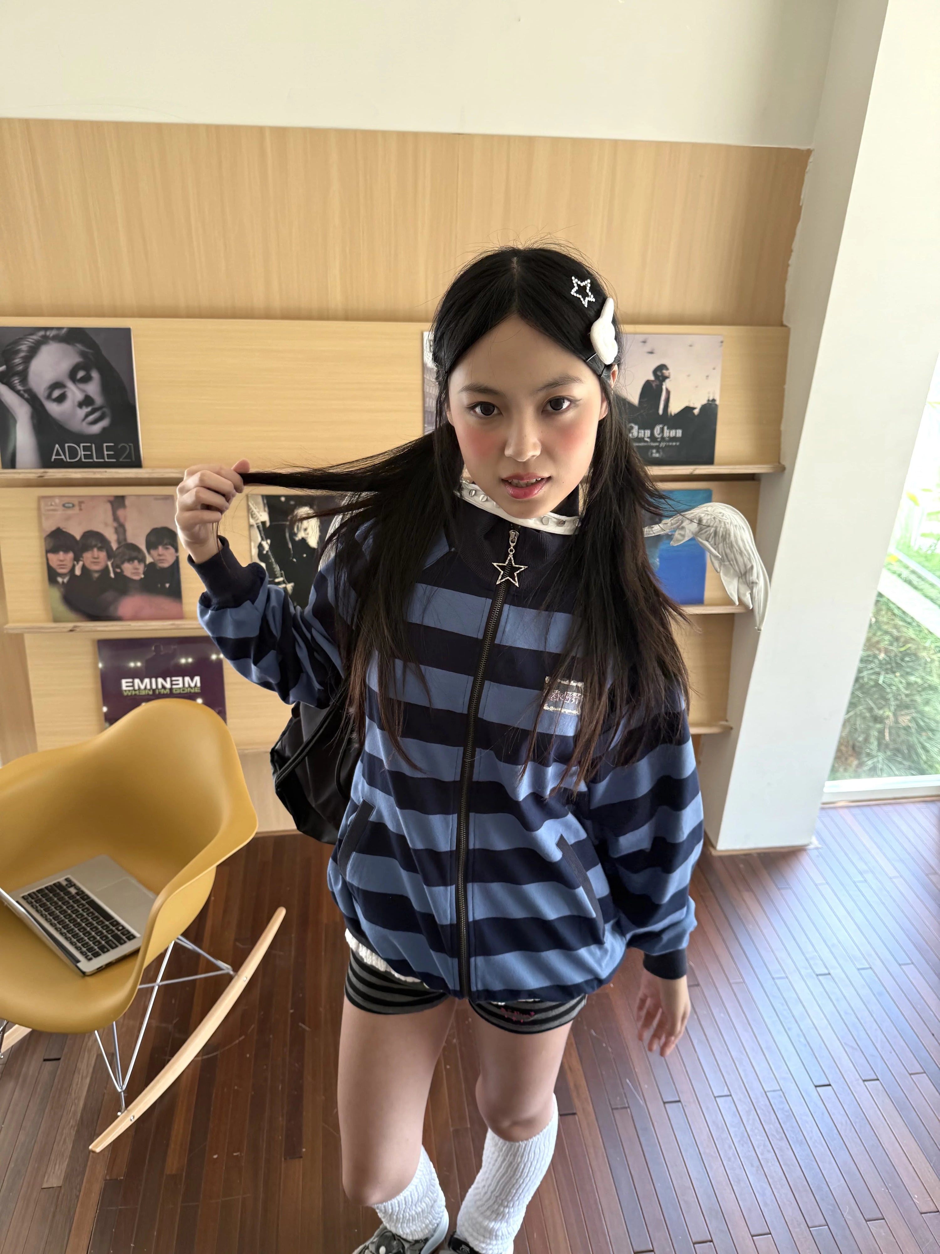 Striped Oversize Stand Collar Zipper Jacket