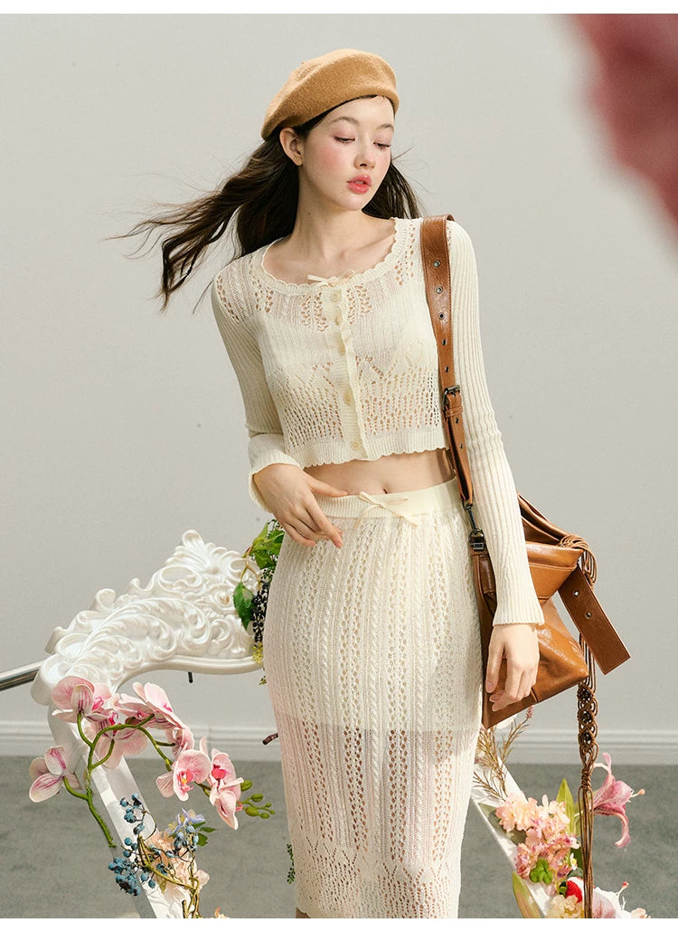 Hollow Out Button Knit Cardigan & Half Skirt Setup
