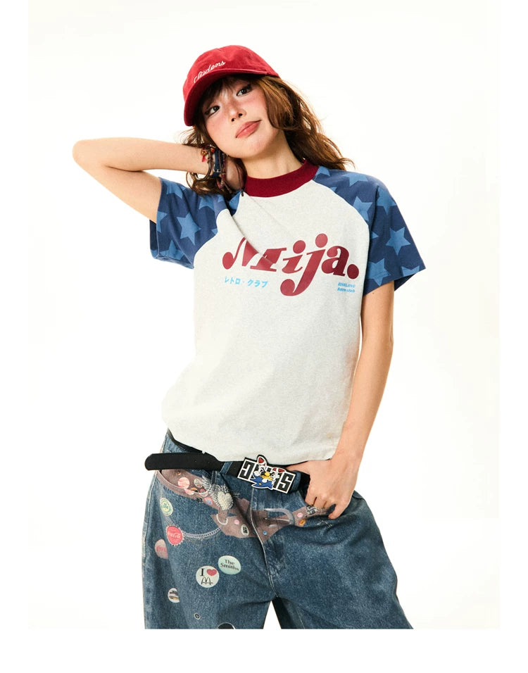 Raglan Sleeve Letter Print Fitted Short Sleeve T-Shirt