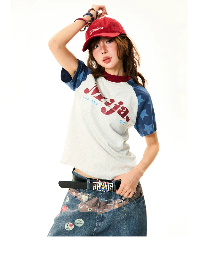 Raglan Sleeve Letter Print Fitted Short Sleeve T-Shirt