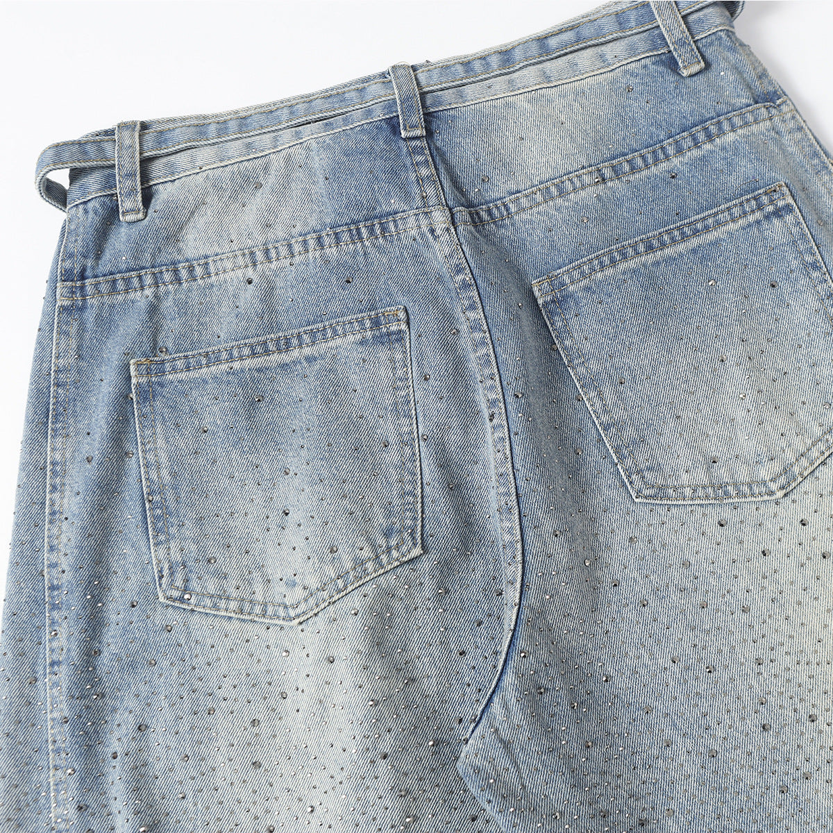 Rhinestone Drawstring Wide Leg Denim Jeans