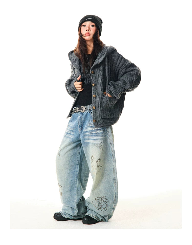 Hooded Button Oversize Cable Knit Cardigan
