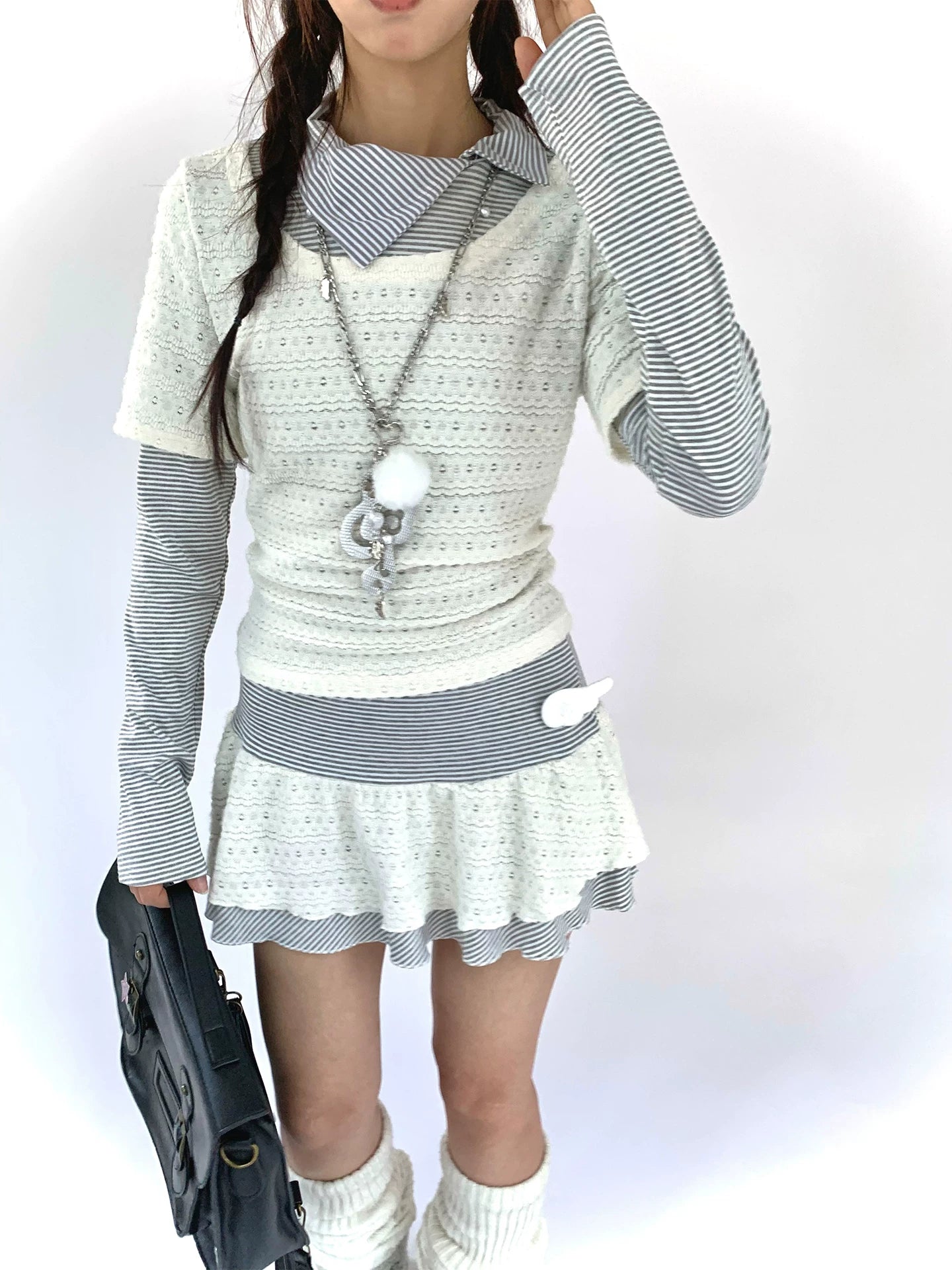 Fake Layered Striped Ruffle A-Line Dress