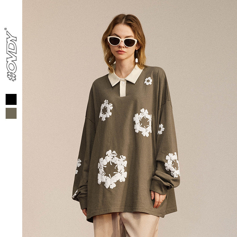 Foam Print Snowflake Long Sleeve Polo Shirt