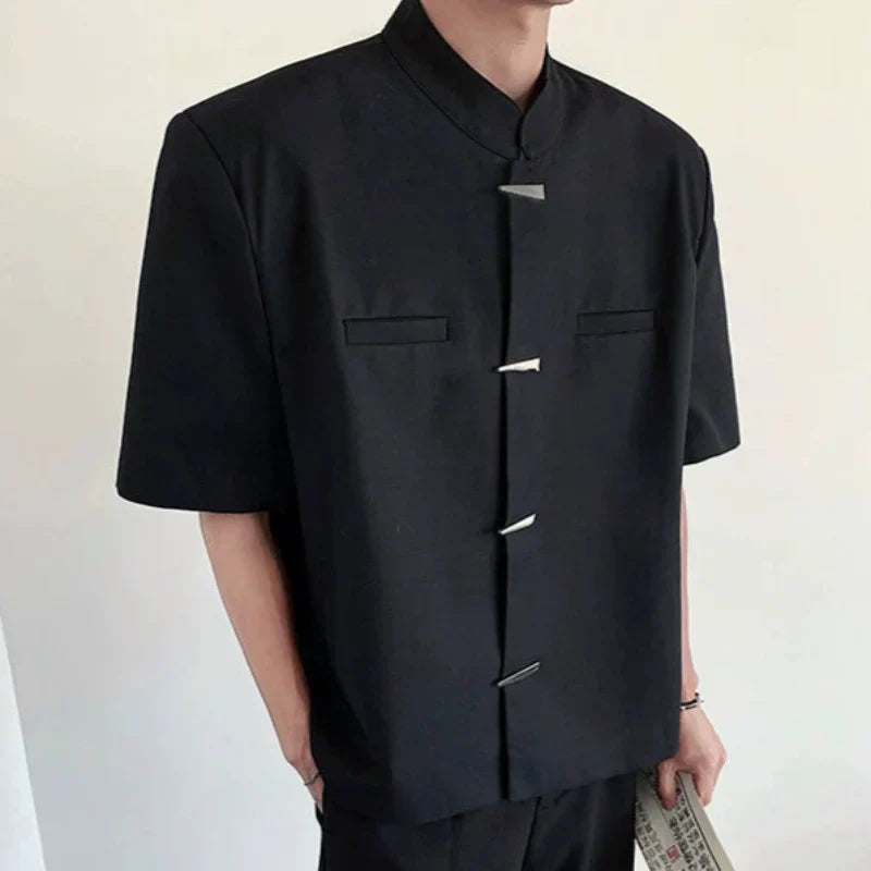 Mandarin Collar Design Short Sleeve Shirt