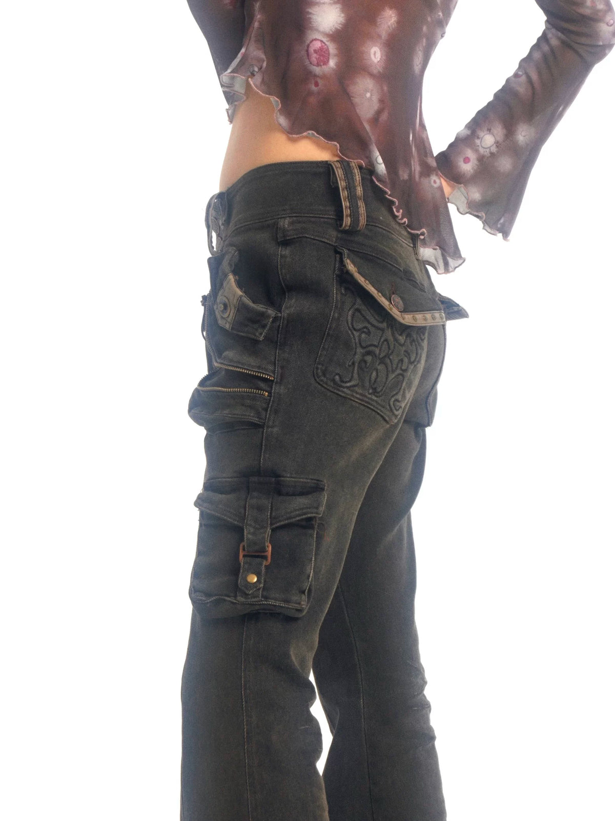 Multi-Pocket Stretch Flare Denim Pants