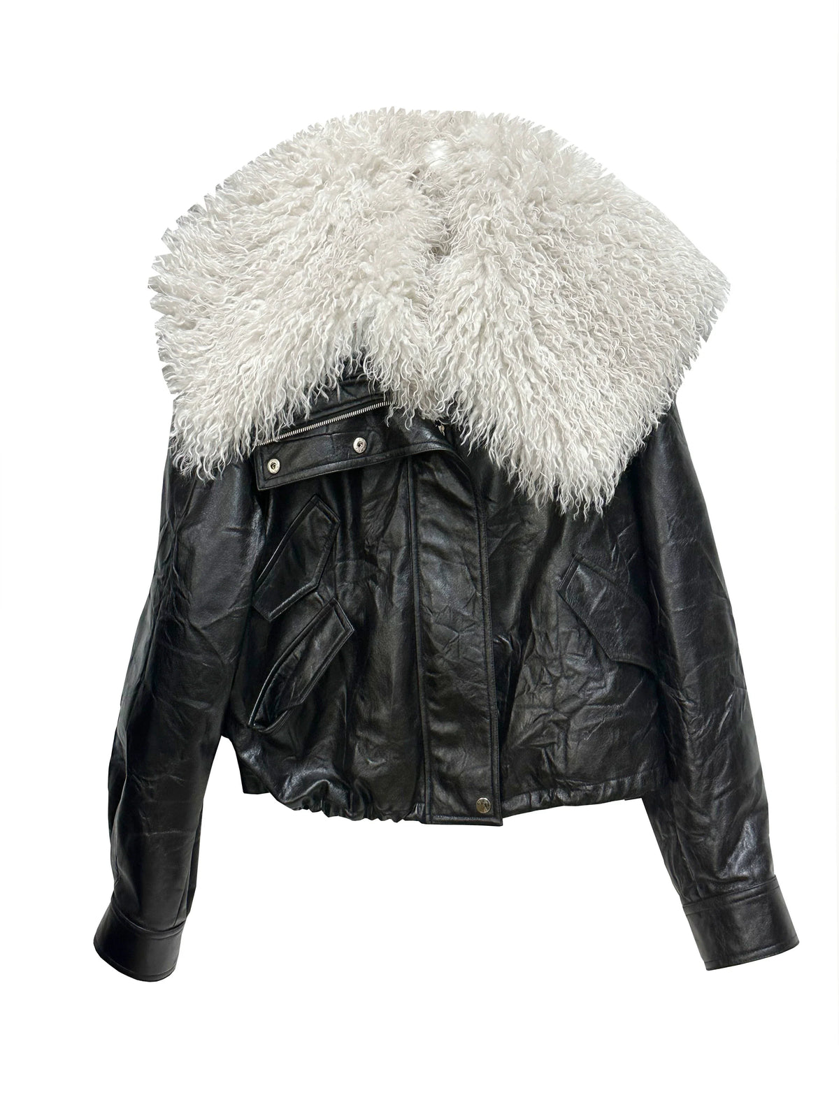 Detachable Large Fur Collar PU Leather Jacket