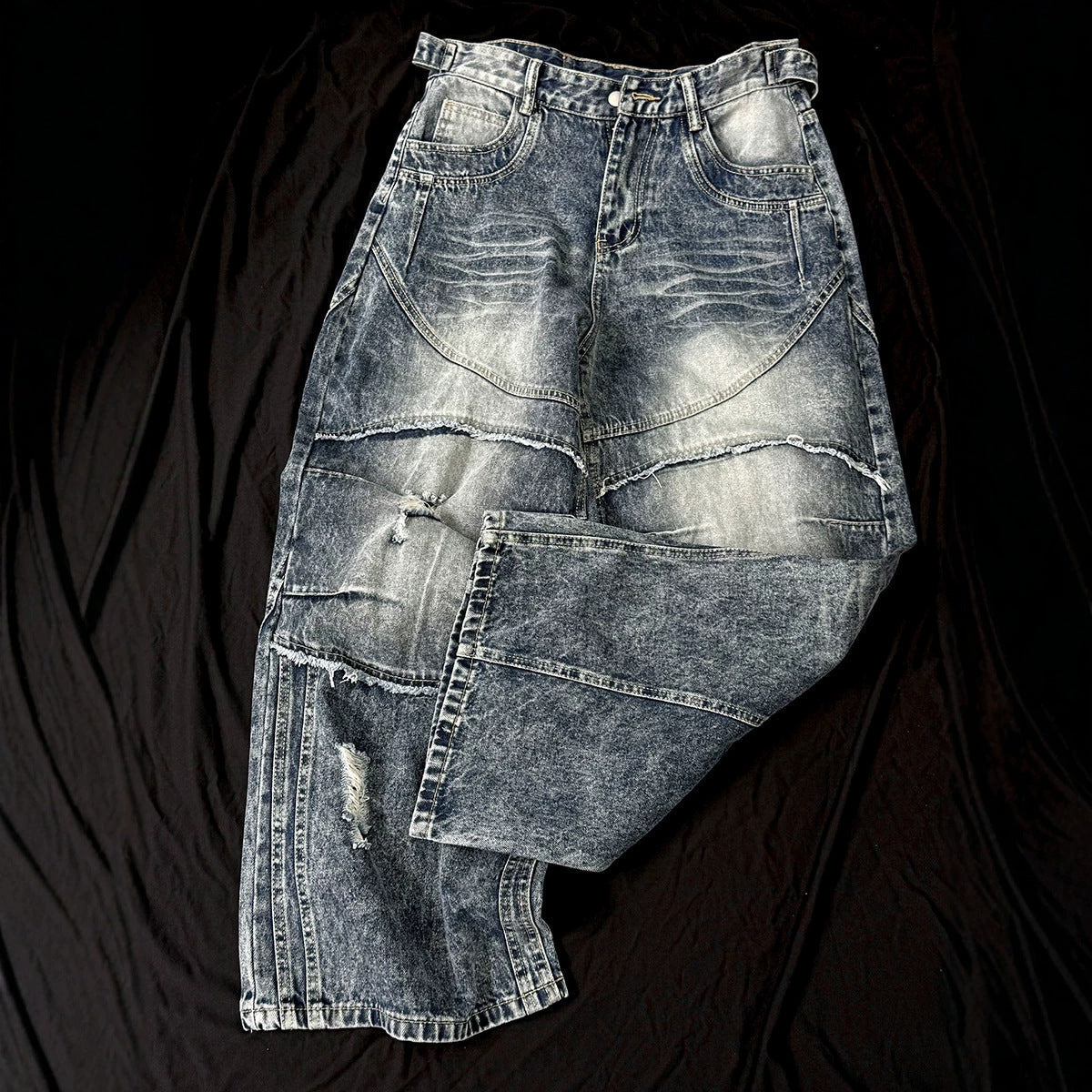 Washed Damage Splice Wide Leg Denim Jeans