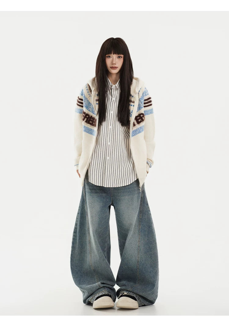 Fair Isle Hooded Detachable Fur Collar Knit Cardigan
