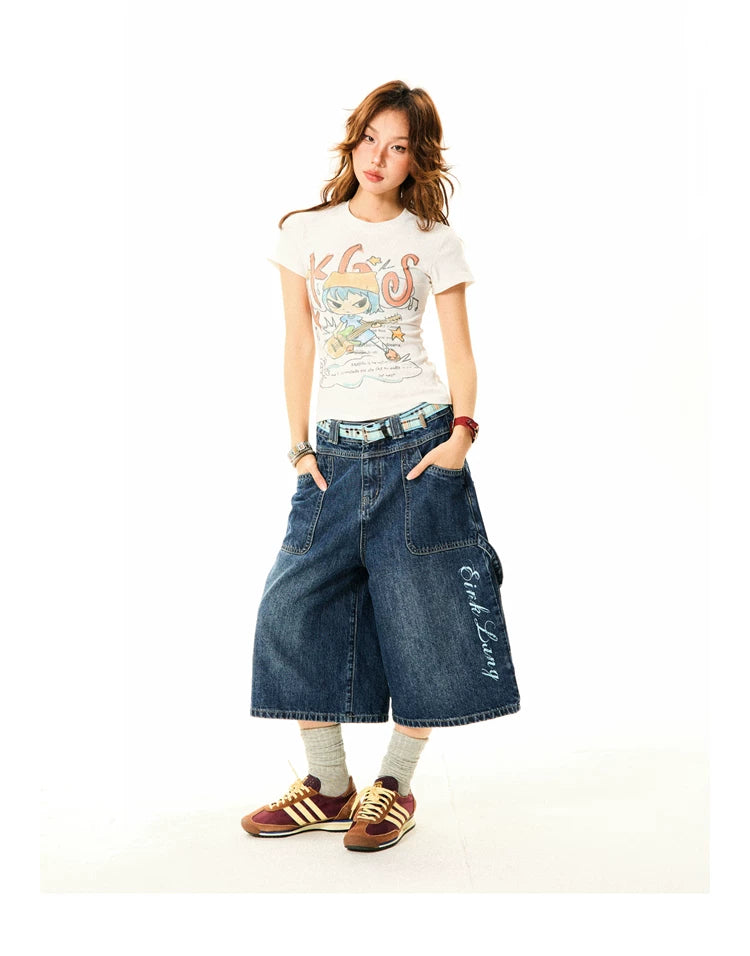 Wide-Leg Denim Shorts