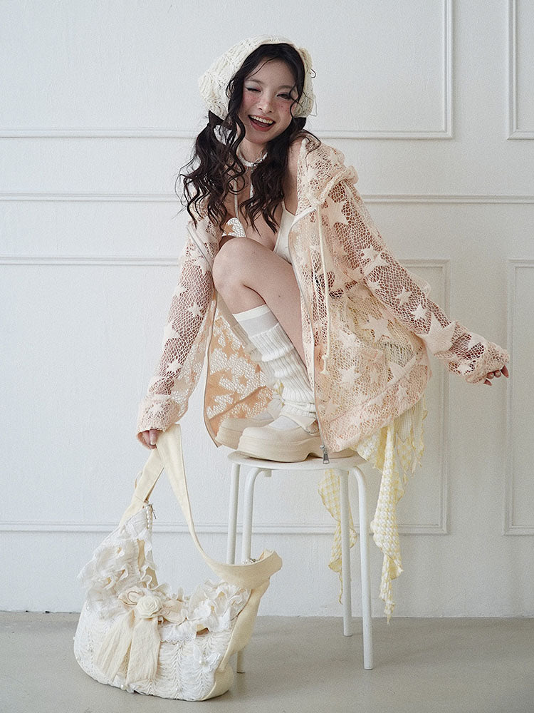 Sheer Mesh Hollow-Out Zipper Hoodie
