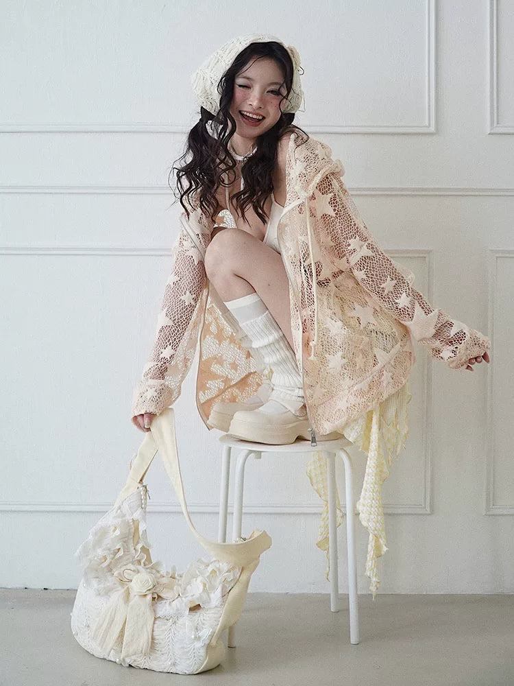 Sheer Mesh Hollow-Out Zipper Hoodie