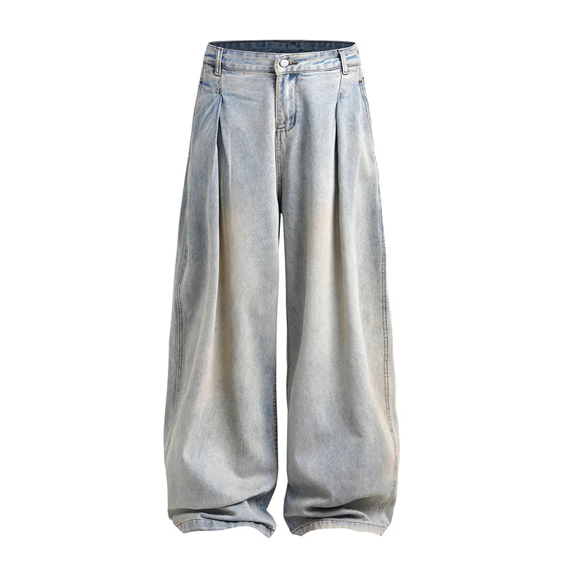 Pleated Washed Straight-Leg Denim Jeans