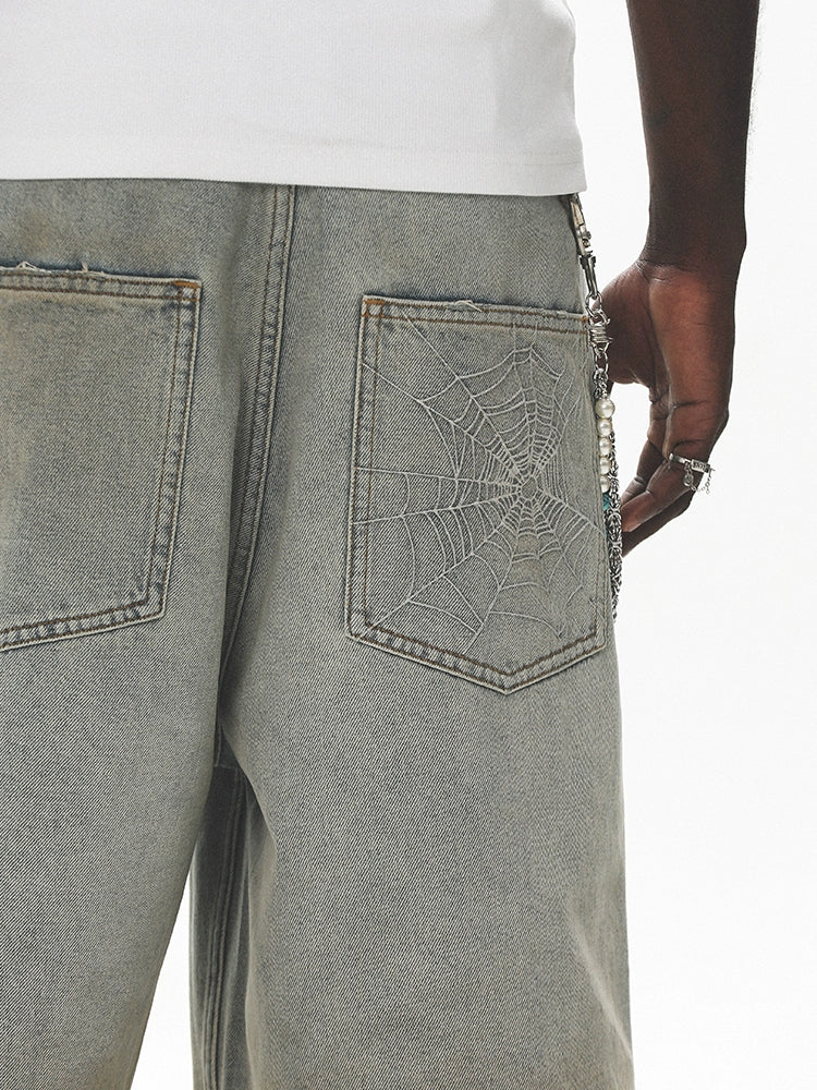 Spider Embroidery Washed Cropped Pants
