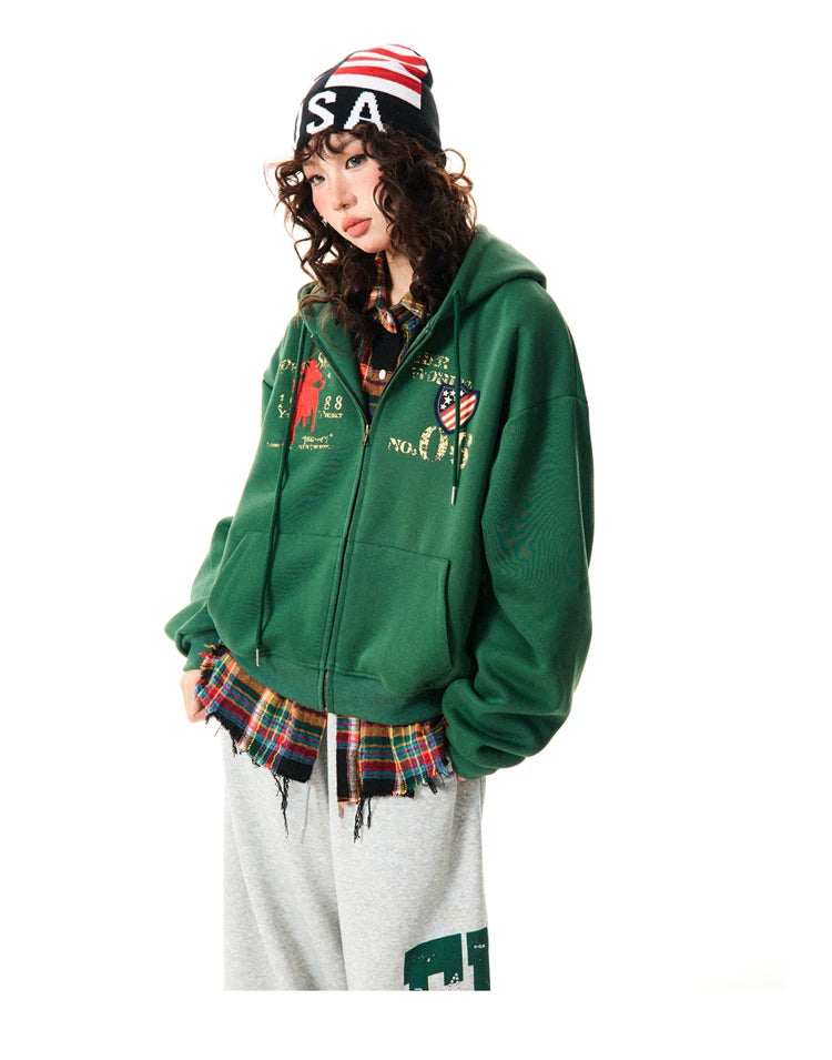 Letter Embroidery Washed Zipper Hoodie