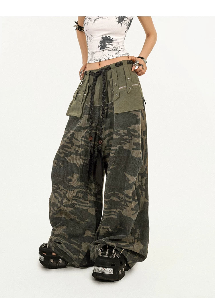 Heavy Craft Camouflage Multi-Pocket Wide Leg Cargo Pants