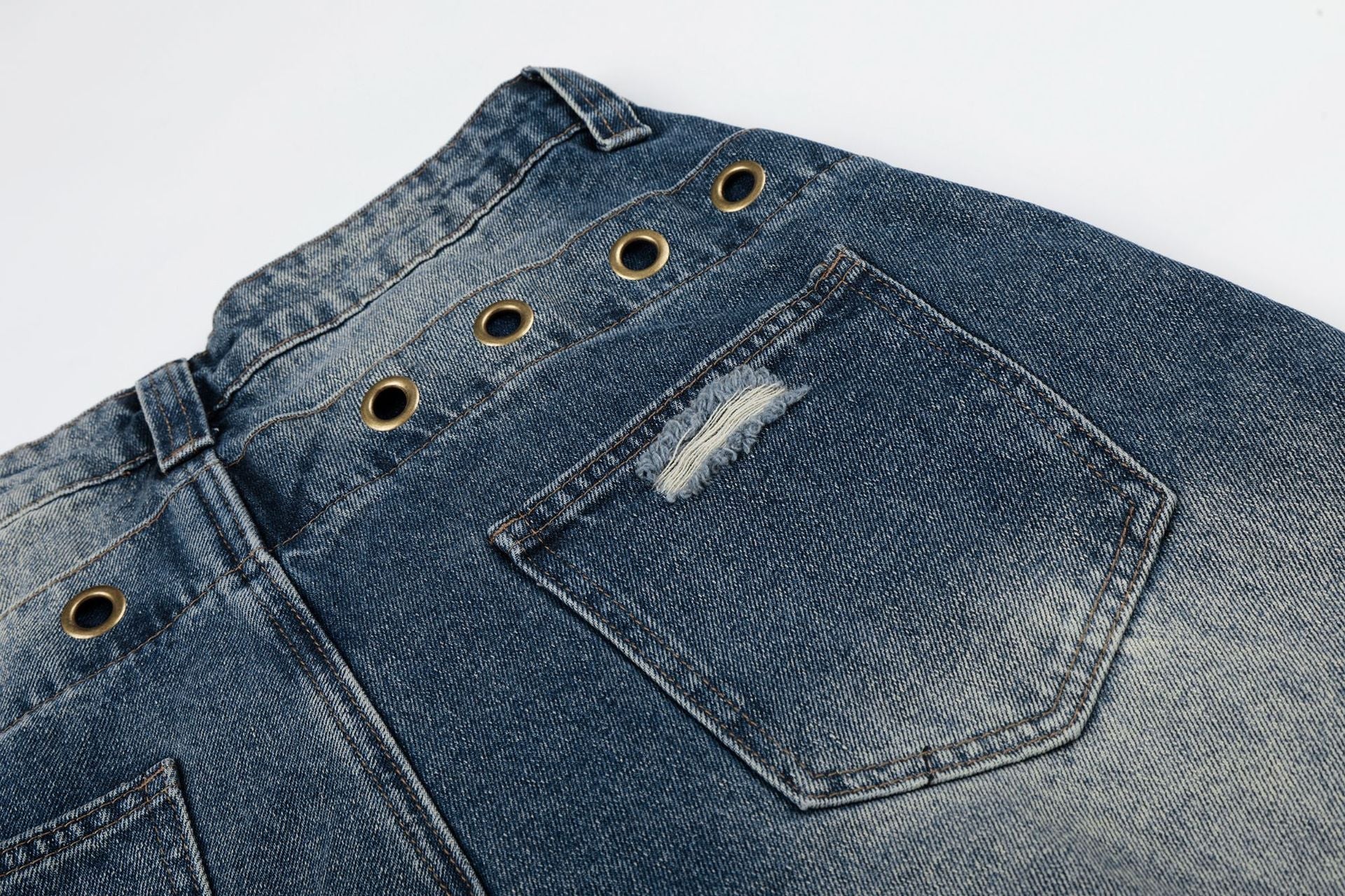 Wash Rivet Damage Wide Leg Denim Jeans