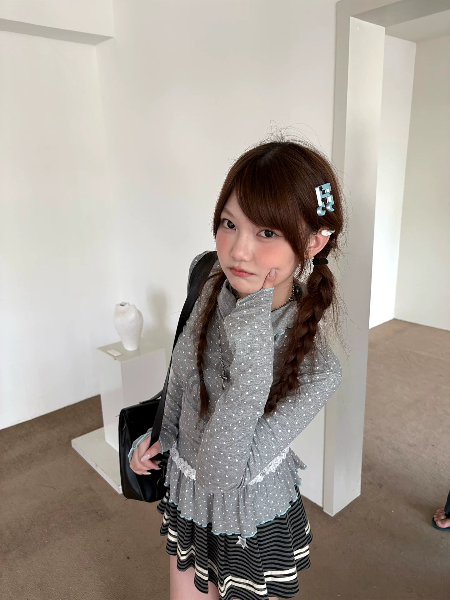 Polka Dot Lace High-Neck Long Sleeve T-Shirt