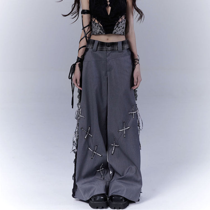 Design Lace Patchwork Tie Detail Drapey Trousers