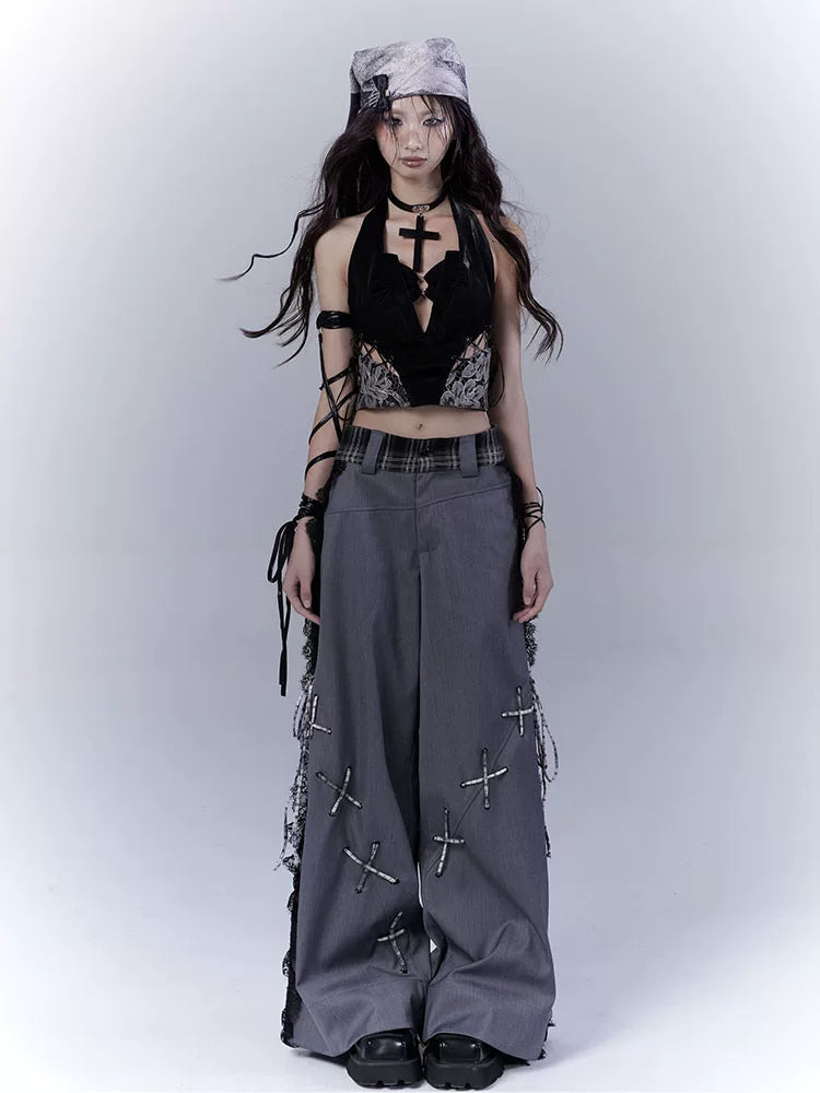 Design Lace Patchwork Tie Detail Drapey Trousers