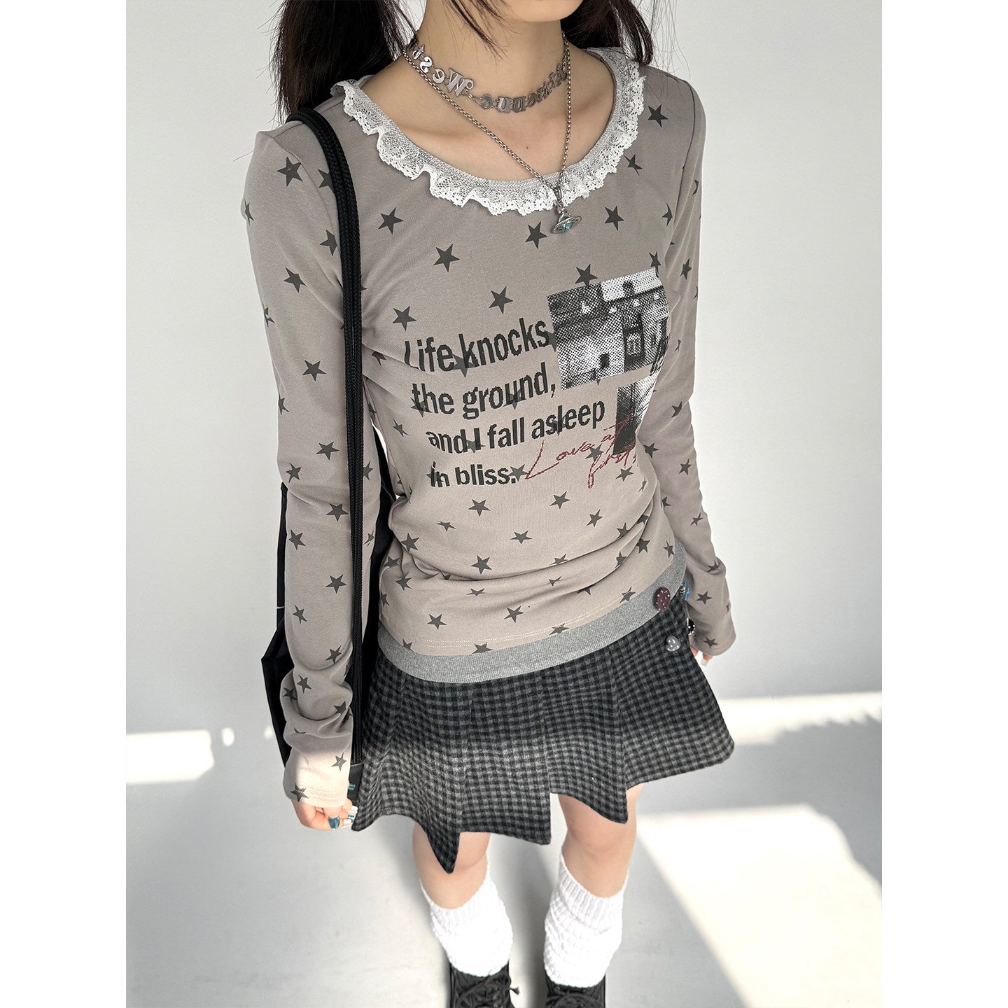 Star Print Lace Trim Fitted Long Sleeve T-Shirt