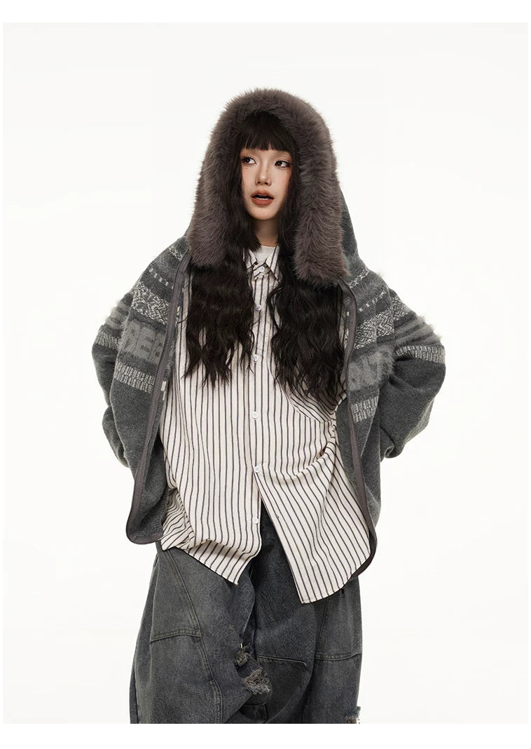Fair Isle Hooded Detachable Fur Collar Knit Cardigan