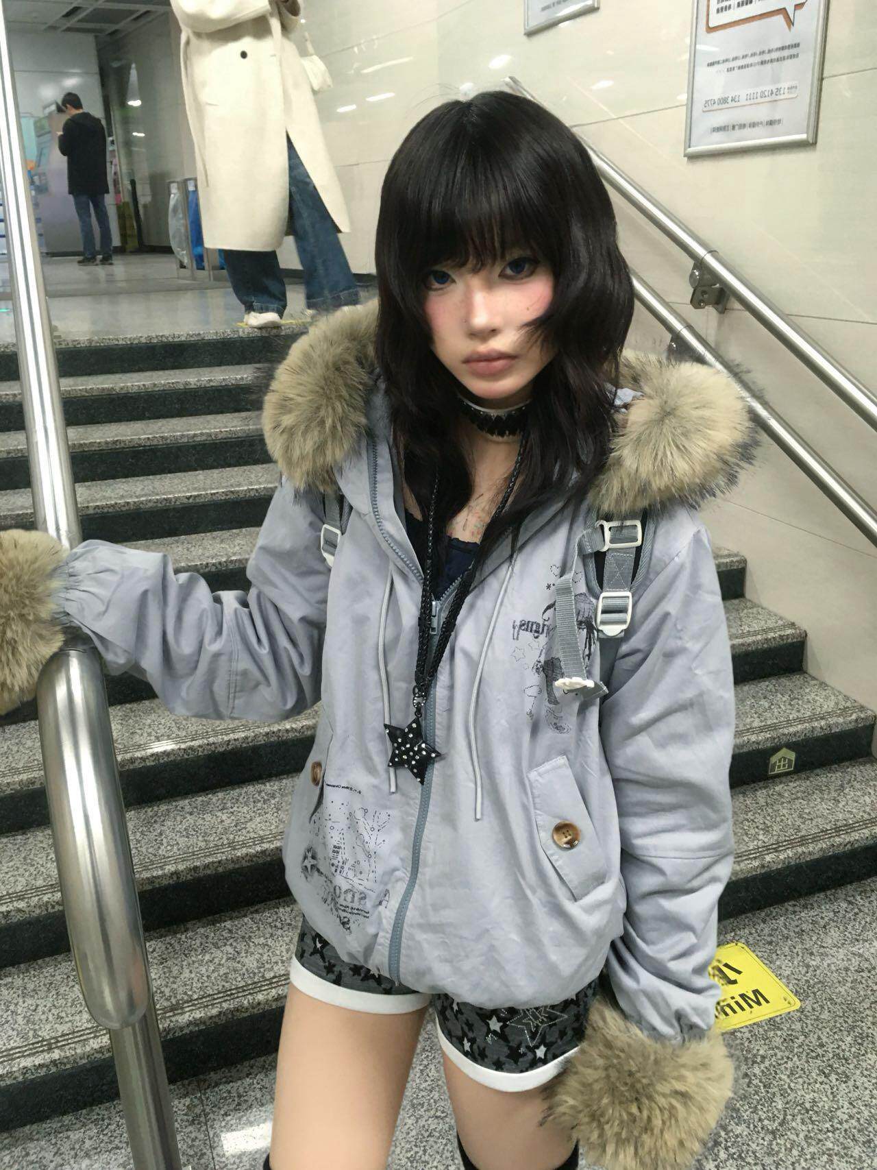 Fake Fur Trim Graphic Print Oversize Hooded Jacket