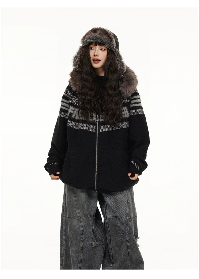 Fair Isle Hooded Detachable Fur Collar Knit Cardigan