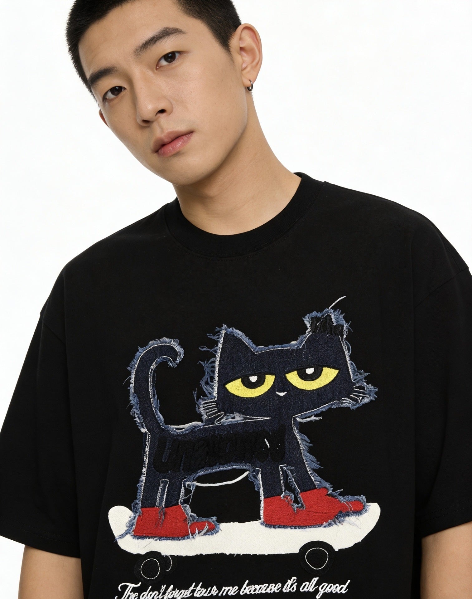 Cat Applique Embroidery Short Sleeve T-Shirt